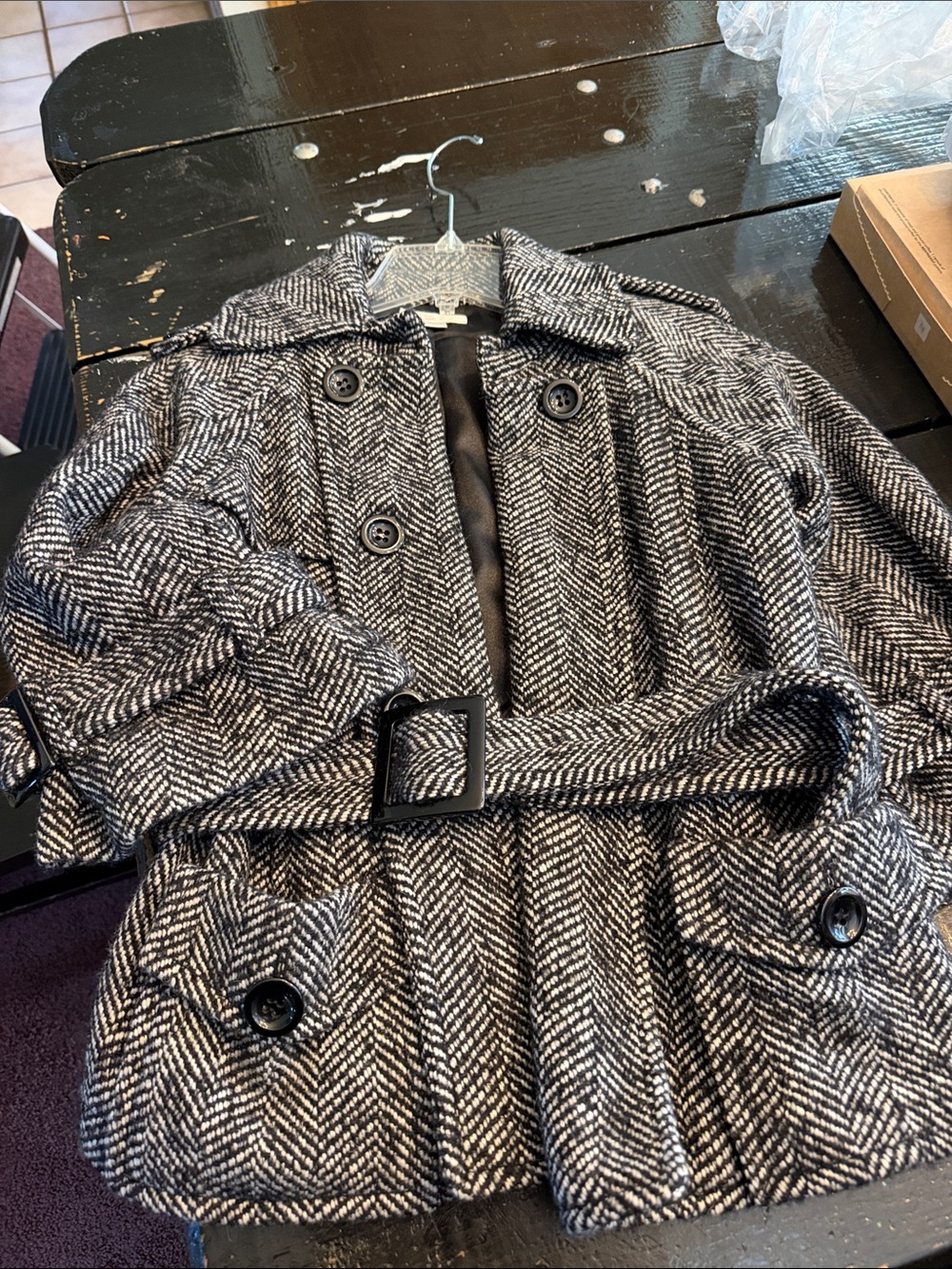 Herringbone Belted Trench Coat - Black & White